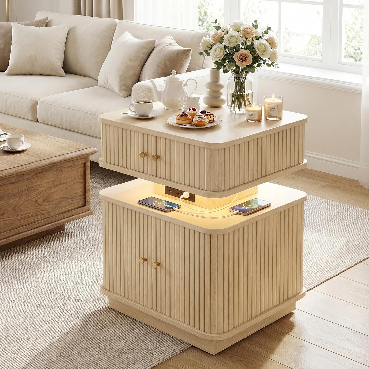 Set of 2 LED Light End Table with Charging Station, Natural Mid Century Bedside Table with USB Type A C Ports, Small Fluted Accent TV Control Nightstand with Sliding Door for Living Room, Curvy Edge