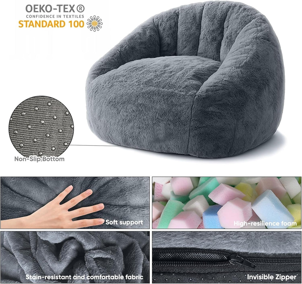 Bean Bag Chair, Shell-Shaped Bean Bag Couch for Adults, Giant Bean Sofa with High-Rebound Memory Foam, Chair with Faux Fur Removable Cover, Big Sofa for Reading, Gaming, Dark Gery