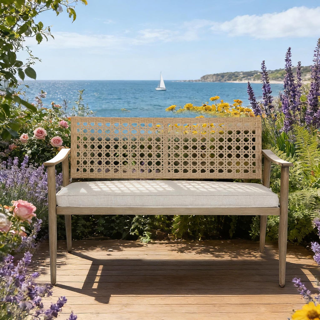 NOBLEMOOD Outdoor Patio Bench with Cushion, 2-Person Garden Loveseat Bench with Wicker Backrest, Aluminum Frame for Outside, Garden, Lawn, Front Porch, Backyard