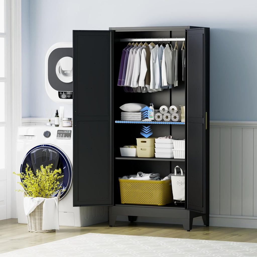 71" Armoire Wardrobe Closet, Metal Wardrobe Closet with Hanging Rod | Wardrobe Closet with Doors, Wardrobe Cabinet with Adjustable Shelves, Clothing Storage Cabinet for Bedroom, Office, Black