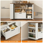 72" Rolling Kitchen Island with 360° Swivel Table & Power Outlet, Farmhouse Mobile Island Table with Storage Cabinet on Wheels, Wood Island Cart with Spice Rack for Kitchen,Dining Room,White