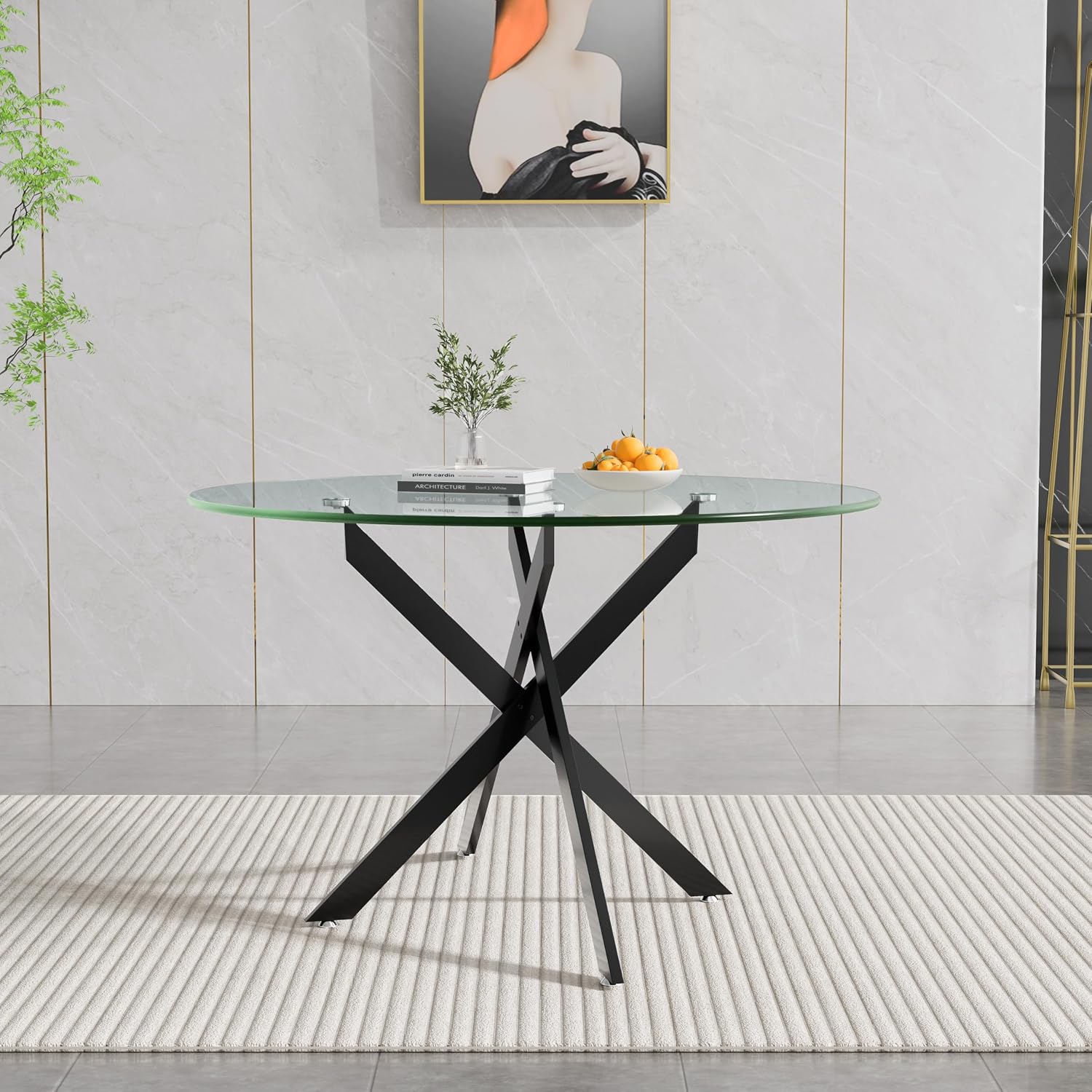 47" Round Glass Dining Table for 4-6, Circle Kitchen Table with Tempered Glass Top & Black Metal Cross Legs, Modern Glass Dinner Table for Kitchen Dining Room Small Apartment