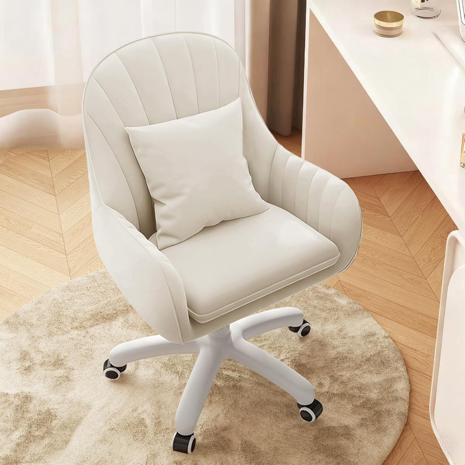 JPBSTO Upholstered Desk Chair with Pillow Swivel Rolling Accent Chair for Women Girls, Adjustable Height Vanity Chair with Wheels for Living Room, Home Office, Cream