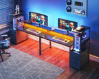 AODK 59 Inch Gaming Desk with LED Light- Reversible Computer Desk with Storage Shelves & Monitor Stand, Modern Gamer Desk Table with Fabric Drawers, Black