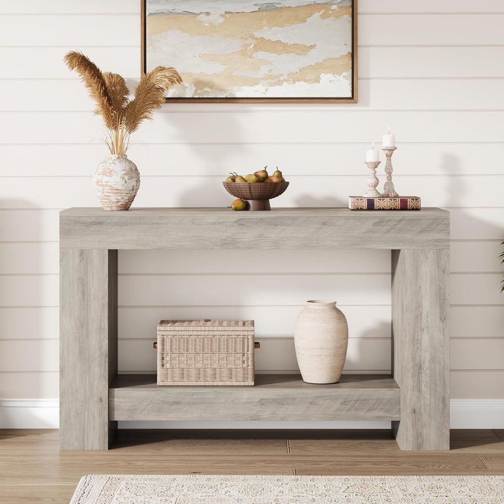 Garvee Farmhouse Console Table for Living Room, Long Console Table for Entryway, 2-Tier Large Sofa Table with Storage, Entryway Entry Table for Entrance, Hallway, Grey, 47"