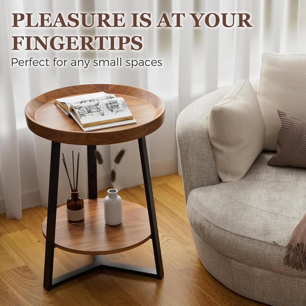 Gadroad Round End Table with Charging Station, Wood Tabletop & Black Metal Frame, 2 Tier Farmhouse Side Table Nightstand for Living Room, Bedroom, Brown 15.7 * 15.7 * 23.0inches