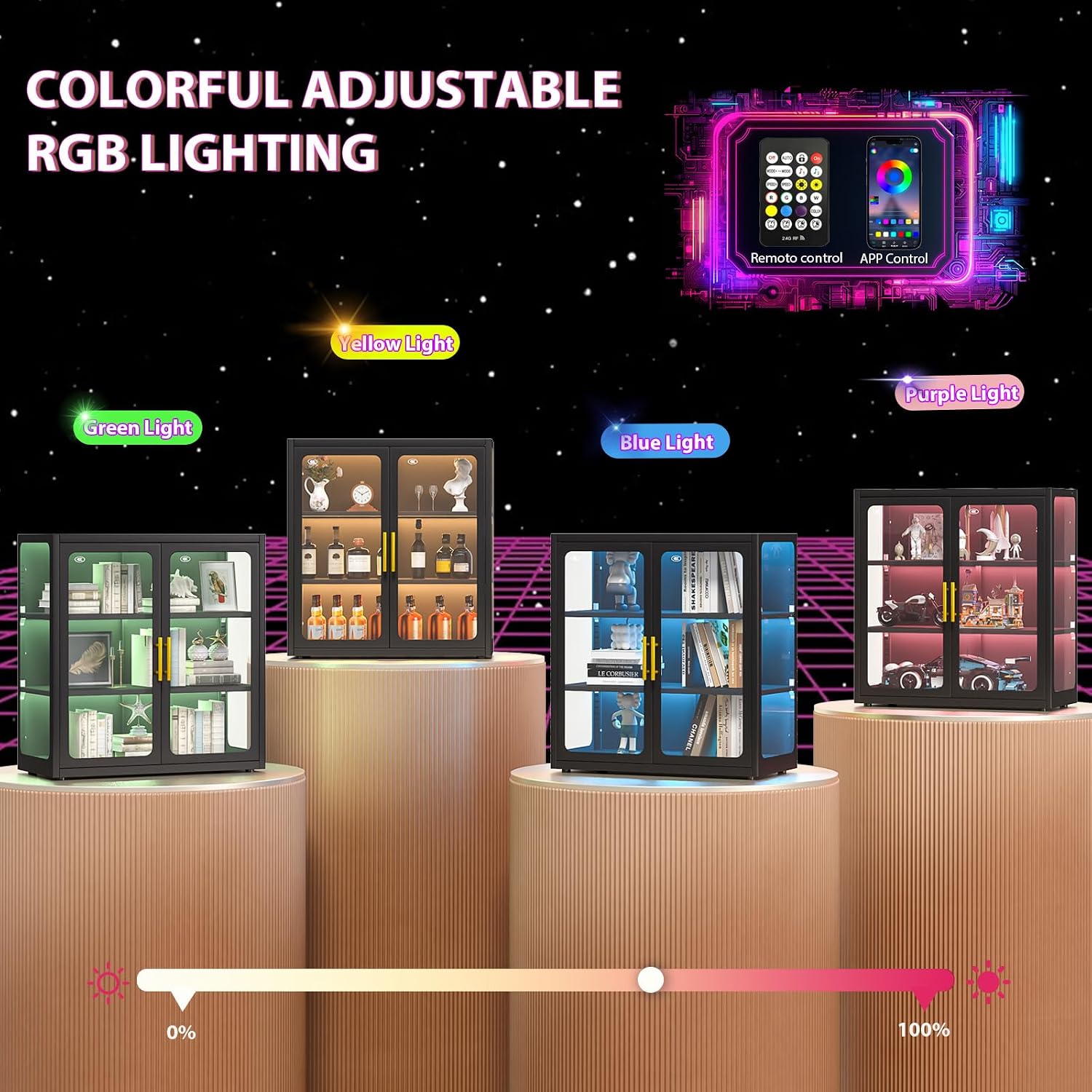 34" Display Cabinet with Glass Doors, 4-Tier Curio Cabinet with Many Color Lights for Collectibles, Glass Display Case, Bookcase with 4 Shelves, Storage Cabinets, Black
