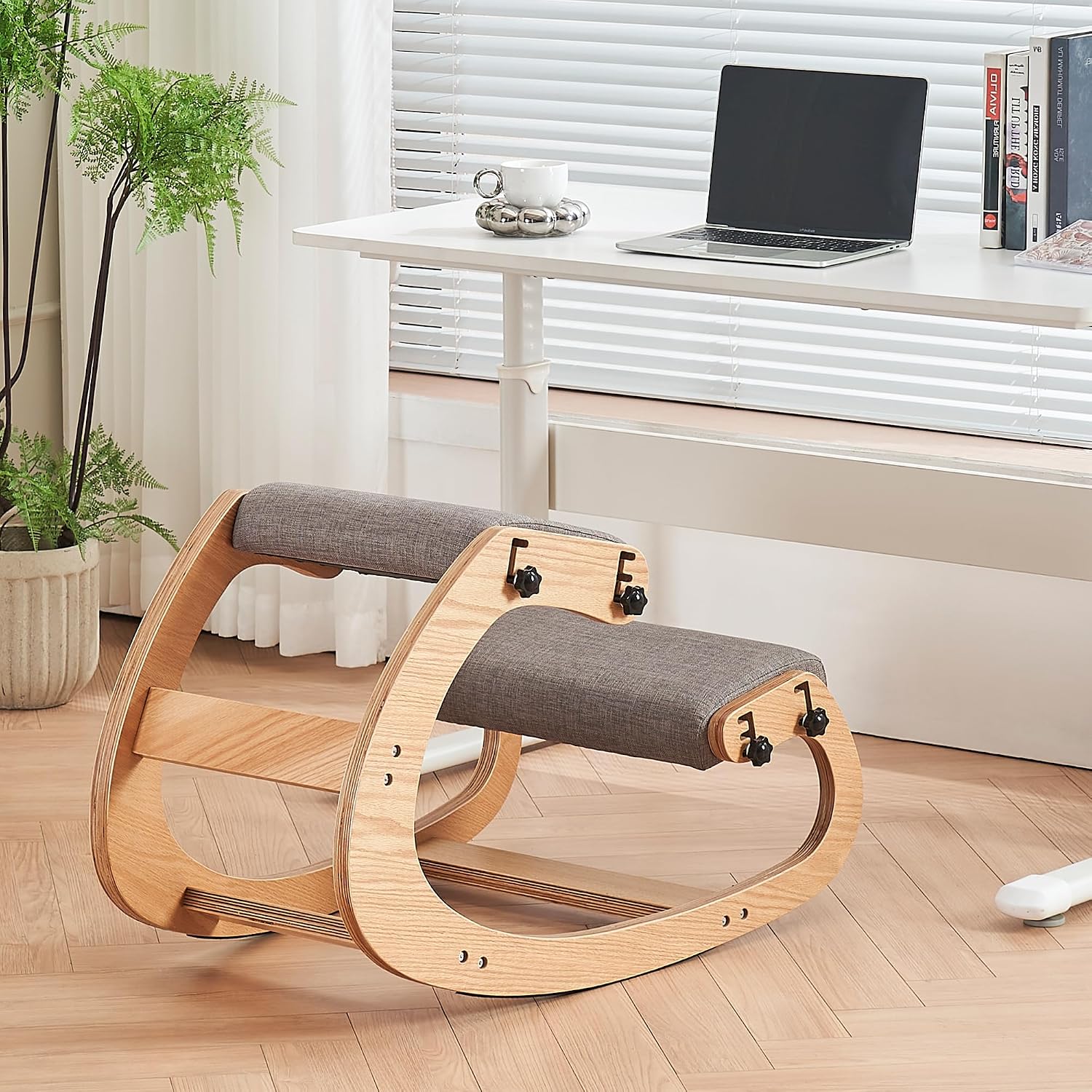 Ergonomic Kneeling Chair,Adjustable Rocking Knee Chair for Home Office,Wooden Office Chair for Back Pain Relief, Grey
