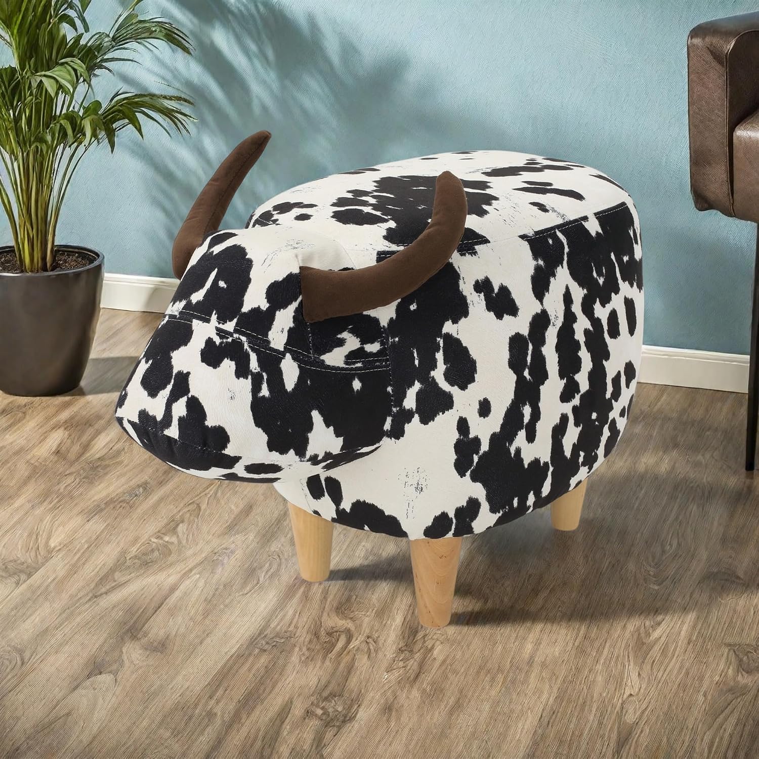 Christopher Knight Home Isana Cow-Shaped Ottoman, Cute Wood Foot Stool Shoes Changing Seat with Cushioned for Living Room, Bedroom, Playroom Porch Furniture, Black and White Velvet