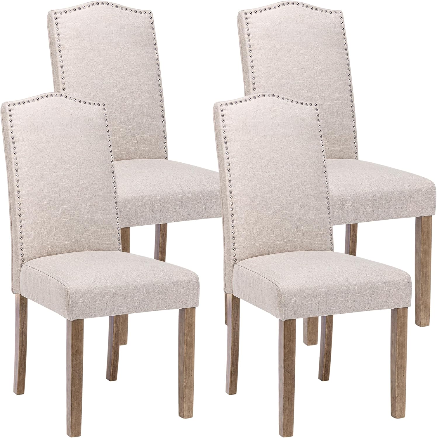 Upholstered Dining Chair Modern Stylish Parsons Kitchen Diner High Back with Silver Nailhead Trim & Wood Legs, Set of 4, Fabric Beige