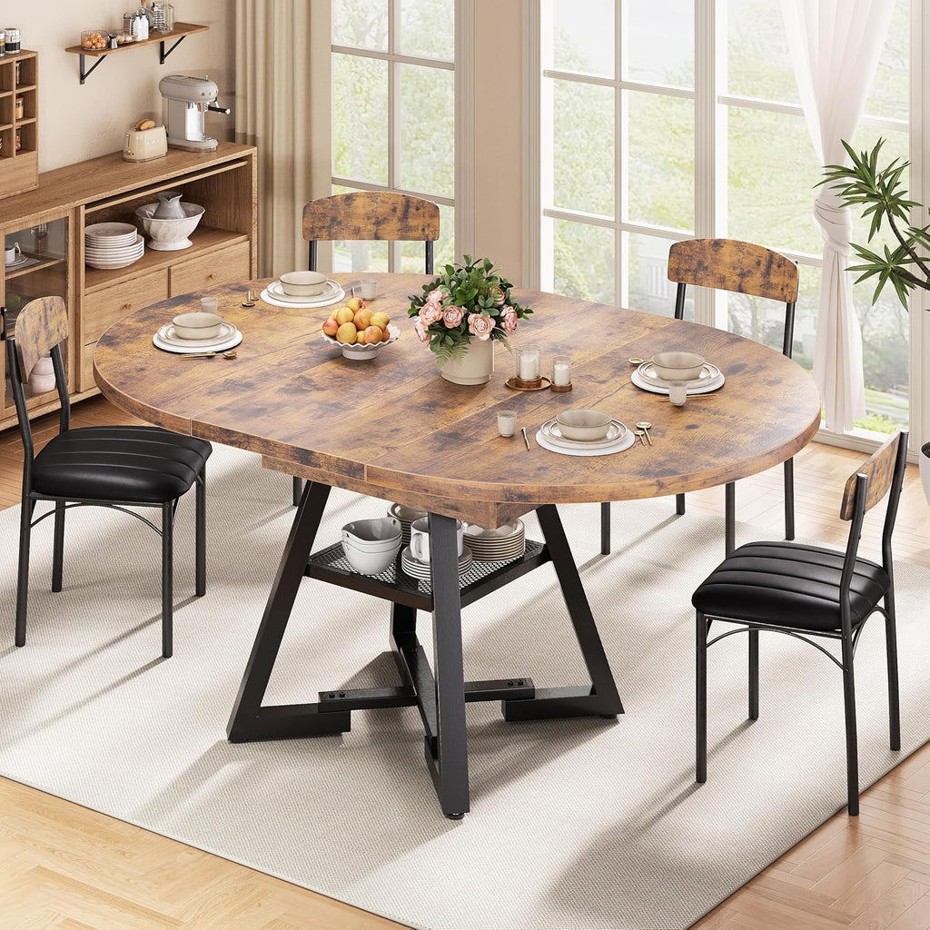 47‘’-61‘’ Extendable Round Dining Table for 6-8, Modern Industrial Kitchen Oval Dining Table with Removable Leaves, Space Saving Pedestal Base with Storage Shelf for Kitchen Living Room (Vintage)