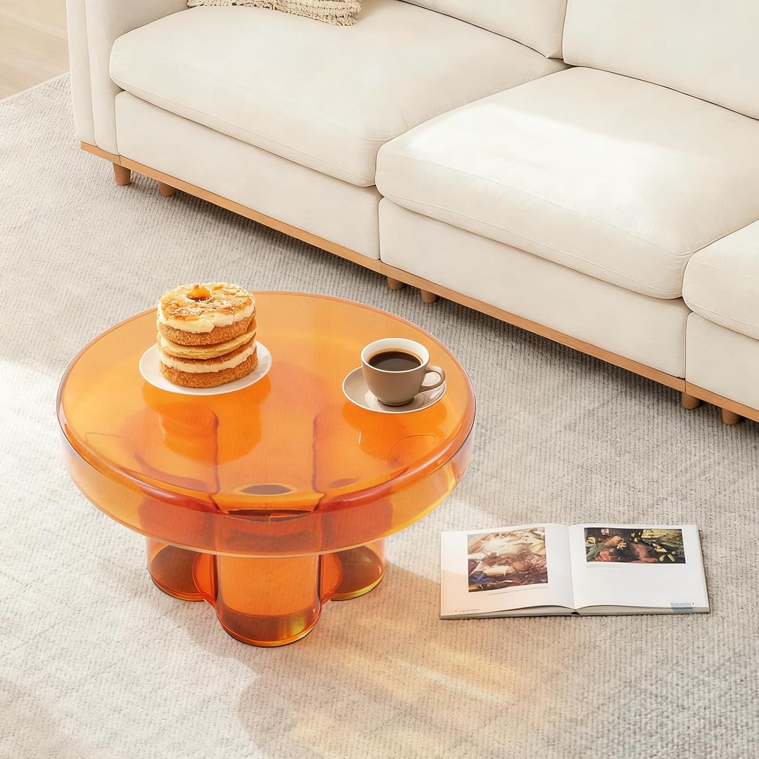 Coffee Table, Round Glass Side Table with Unique Petal Design Pedestal, Simple Center Tables, Modern End Tables with Tempered Glass-Base and Top for Small Spaces