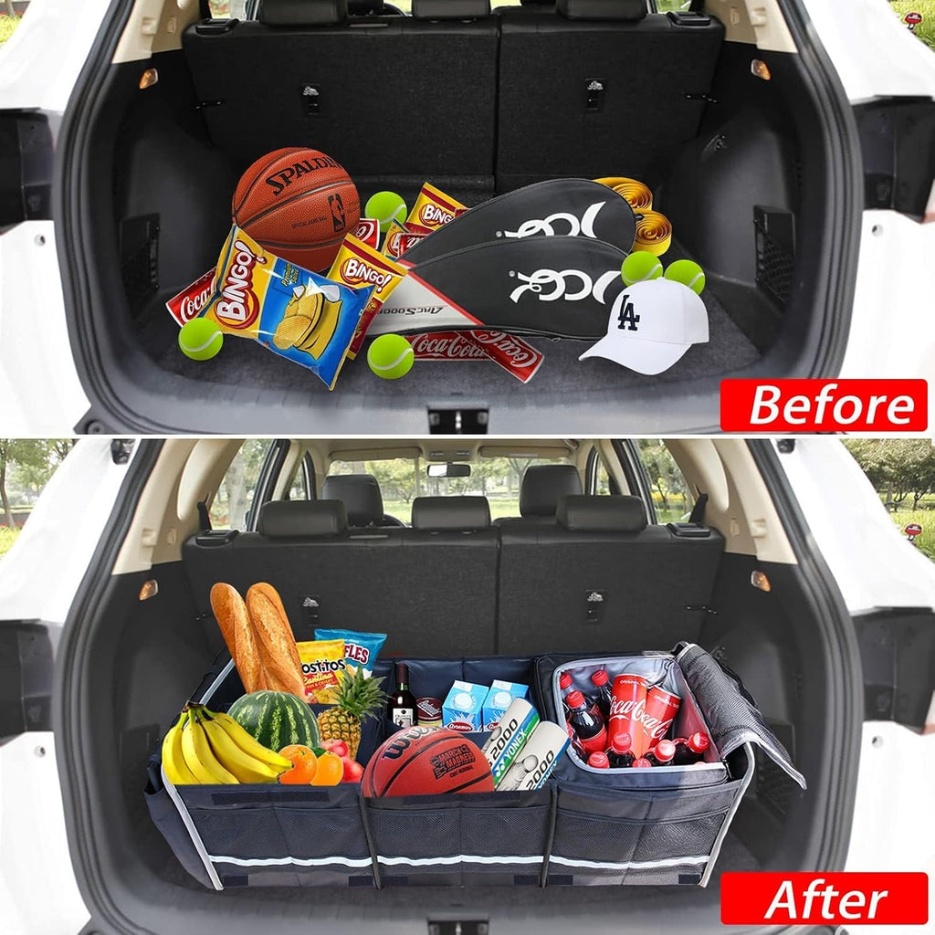 Homeve Car Trunk Organizer for SUV, 25Gal Large Capacity No-Sag Heavy Duty, Foldable Waterproof Anti-Slip Storage with 12 Pockets, Fit Sedan,Truck,Universal Car Accessories, Black, 3 Compart, Large