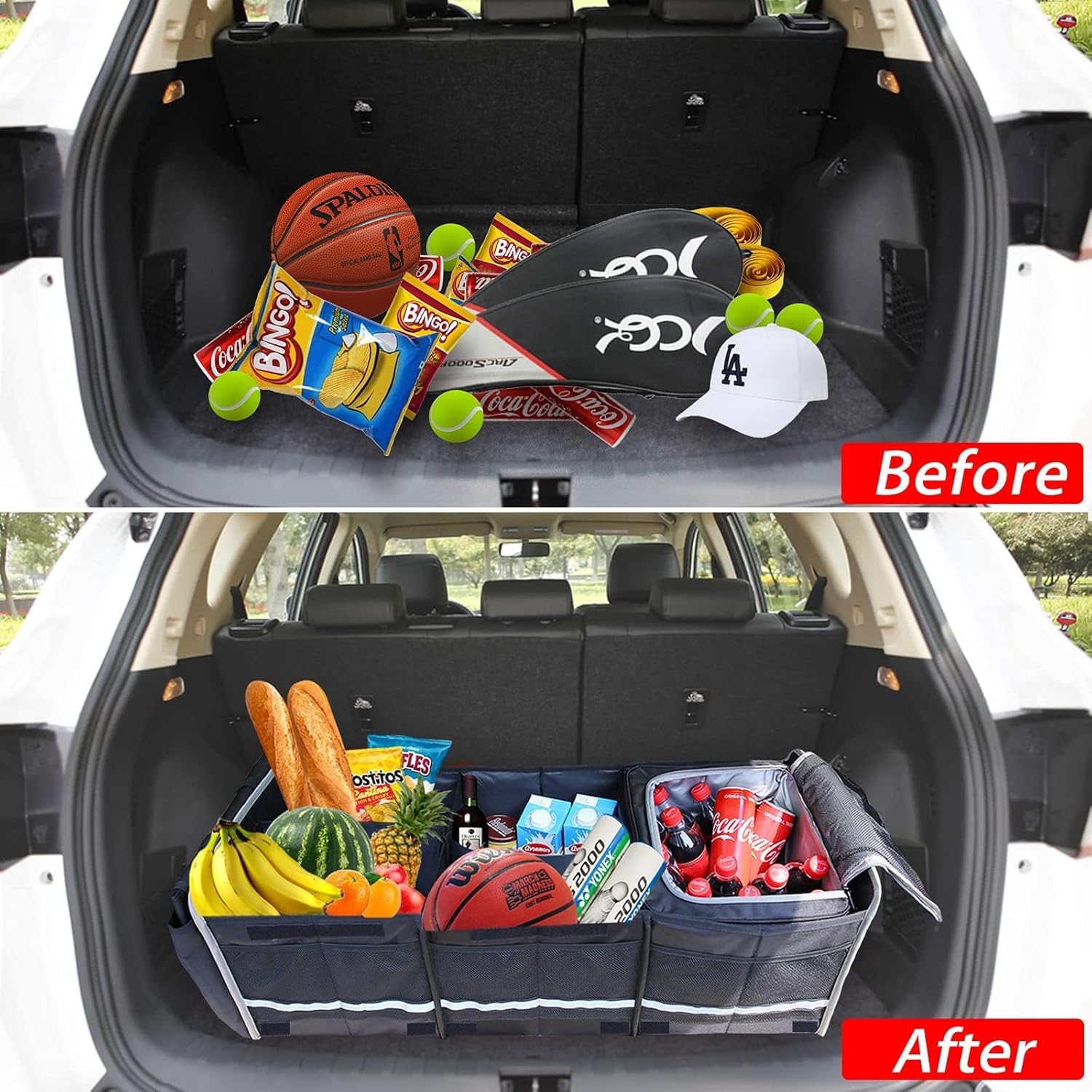 Homeve Car Trunk Organizer for SUV, 25Gal Large Capacity No-Sag Heavy Duty, Foldable Waterproof Anti-Slip Storage with 12 Pockets, Fit Sedan,Truck,Universal Car Accessories, Black, 3 Compart, Large