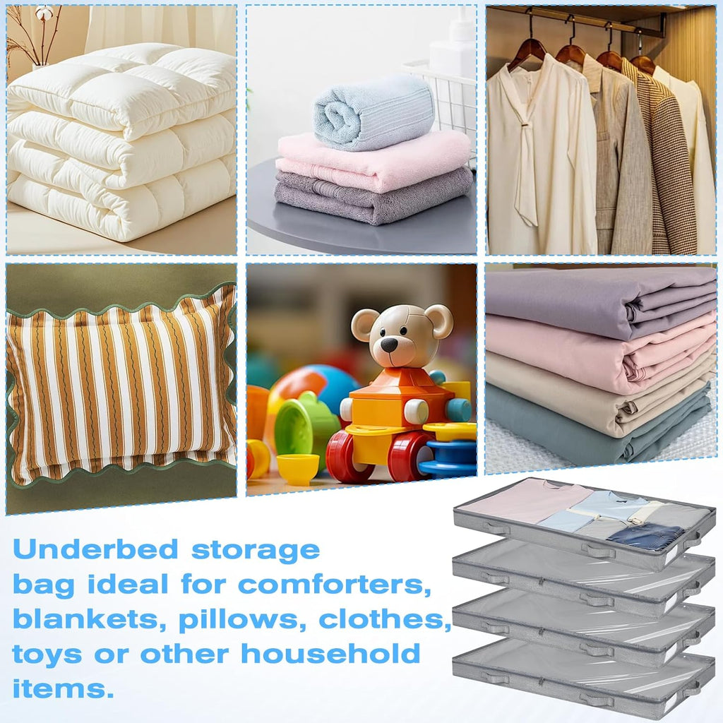 4 Pack Under Bed Storage, Below 4 Inches Underbed Storage Containers Low Profile No Sidewalls Foldable Shallow Storage Bins Organizer with Clear Lid and Zipper