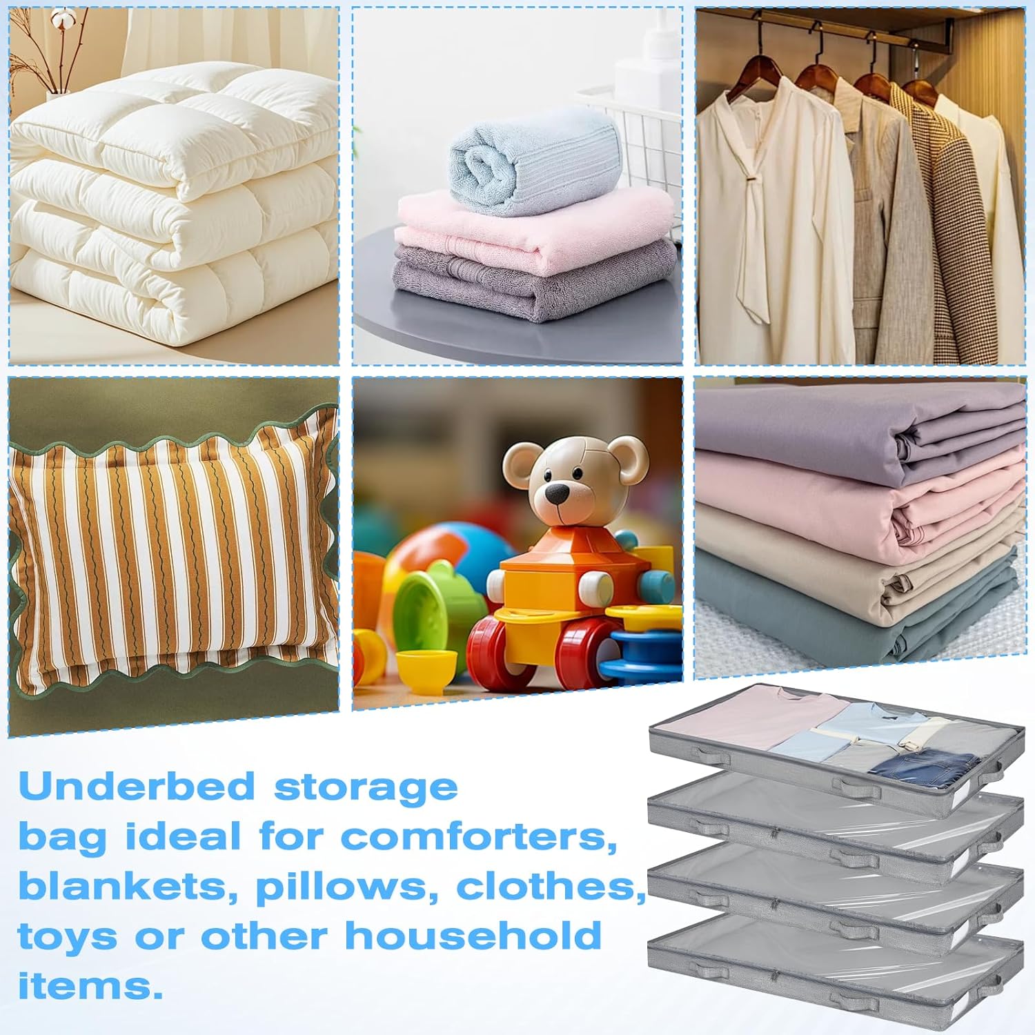 4 Pack Under Bed Storage, Below 4 Inches Underbed Storage Containers Low Profile No Sidewalls Foldable Shallow Storage Bins Organizer with Clear Lid and Zipper