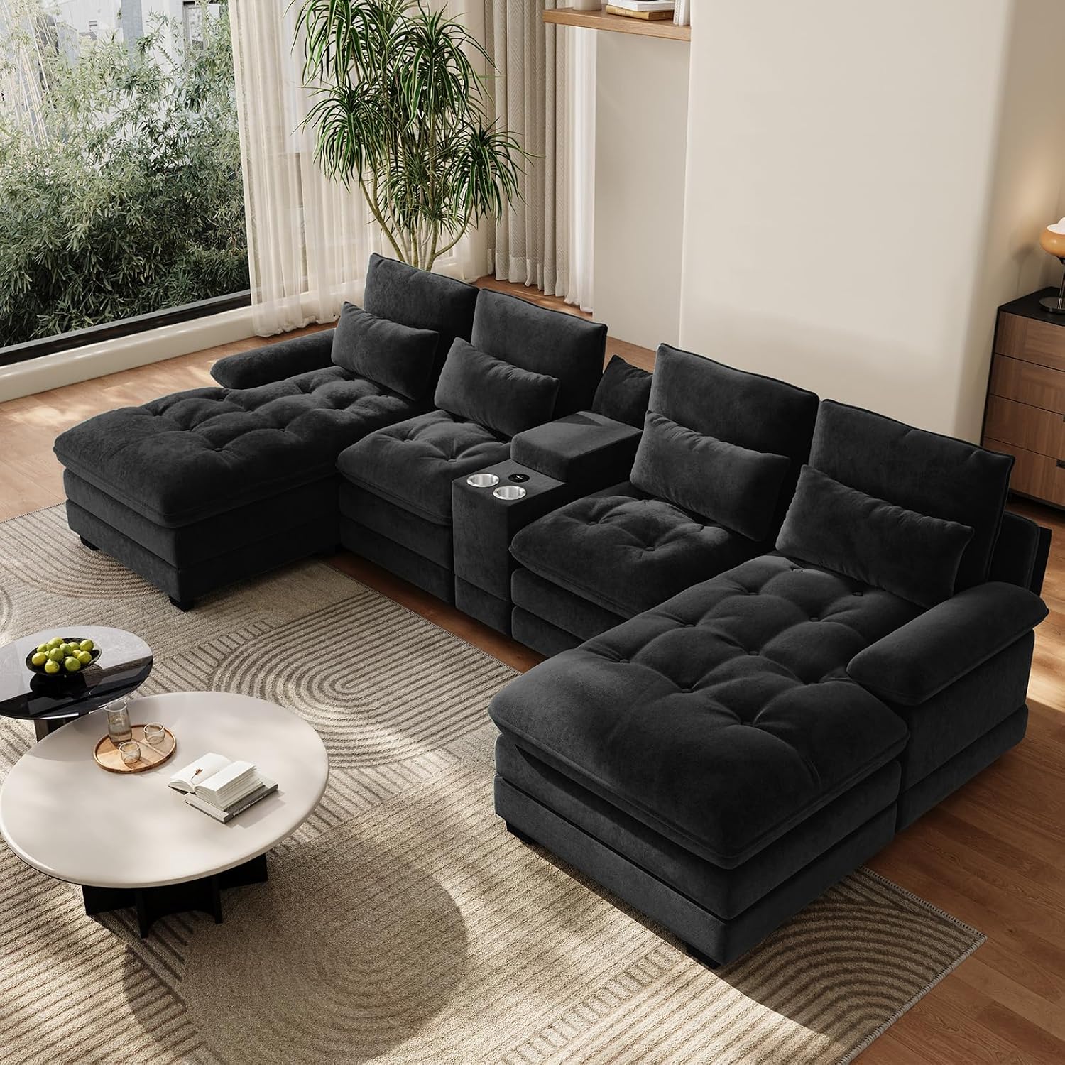 134"U Shaped Sectional Couches for Living Room,Oversized Modular Sectional Fluffy Couch with Chaise Lounge & Tufted Buttons,Modern Chenille 6 Seat Living Room Sofa Set with Storage Console,Black