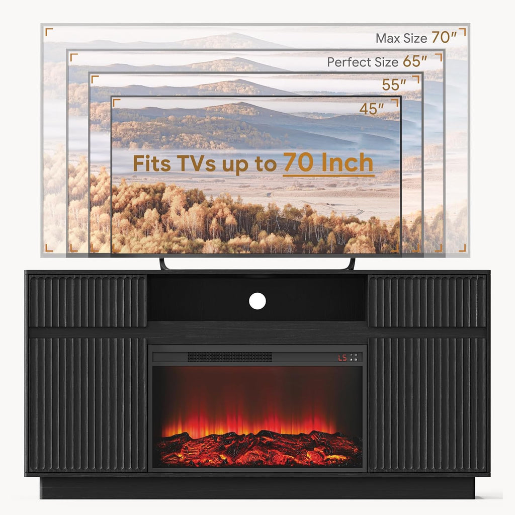 Fireplace TV Stand with 30" Electric Fireplace, Modern Fireplace Entertainment Center Fits TVs up to 70", Fluted Wood TV Console with Spacious Storage Cabinet for Living Room (Black)