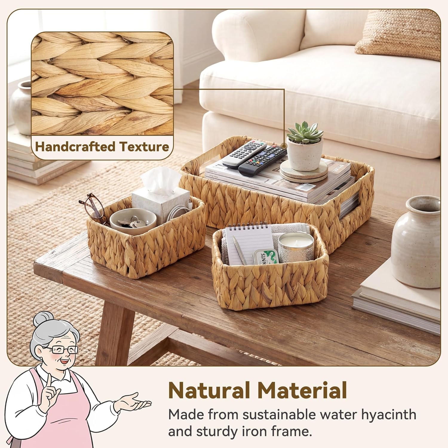 GRANNY SAYS Small Wicker Baskets for Shelves 3 Pack, Wicker Storage Baskets with Handles, Water Hyacinth Woven Basket for Organizing Counter, Toilet, Pantry, Living Room Storage