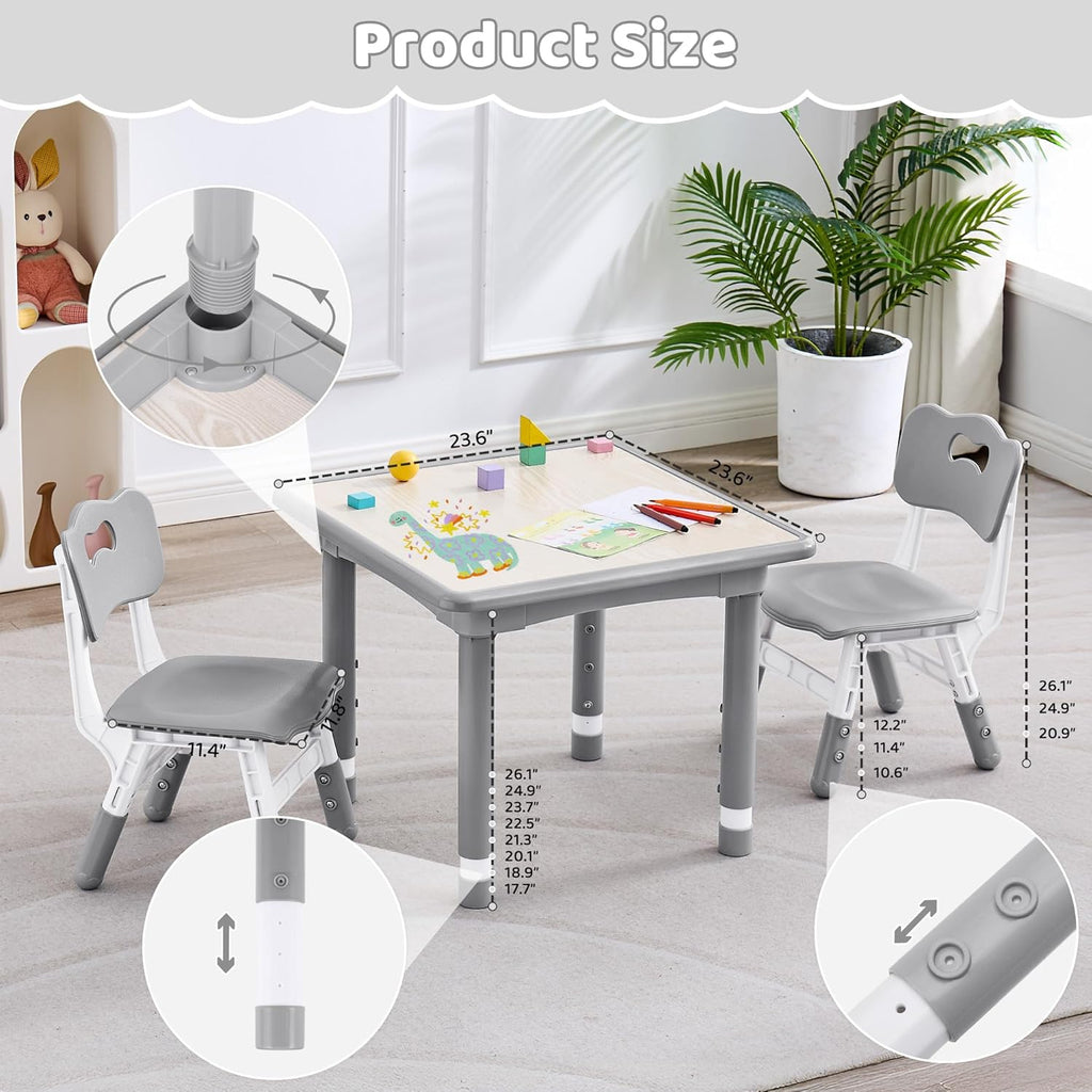 DOREROOM Kids Table and 2 Chairs Set, Height Adjustable (17.7"-26.1") Toddler Table and Chair Set, Multi-Activity Table with Graffiti Desktop, Children’s Table and Chairs for Classroom, Home & Daycare