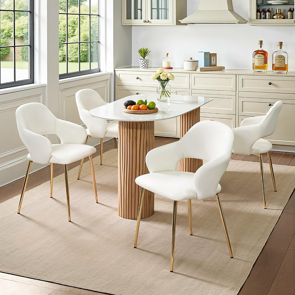 VECELO Velvet Dining Chairs Set of 6, Modern Upholstered Kitchen Chairs with Cushion, Padded Backrest and Metal Legs, White
