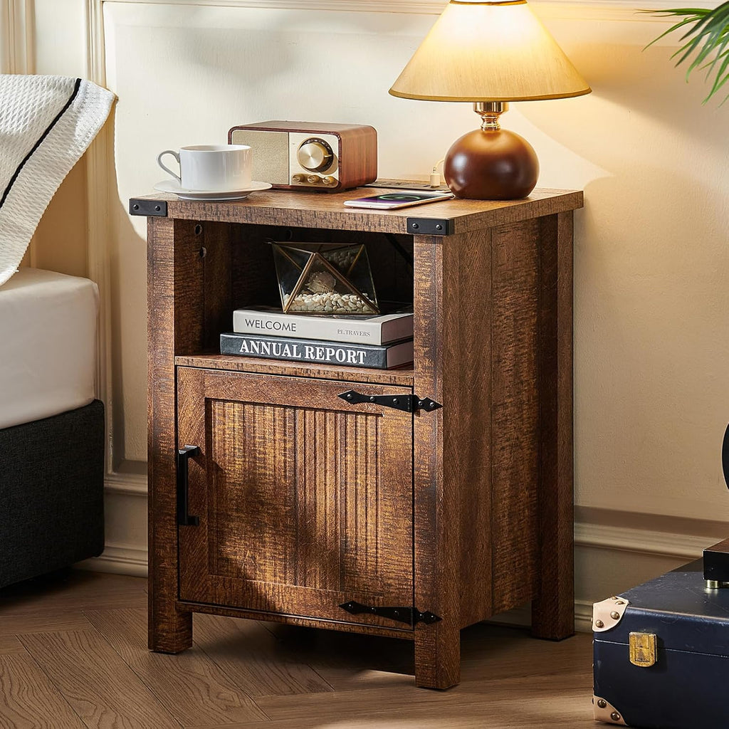 Joaxswe 18-Inch Nightstand with Charging Station and Fluted Door,Brown | 18-inch bedside table with AC and USB charging, open storage and a magnetic fluted door for bedroom essentials
