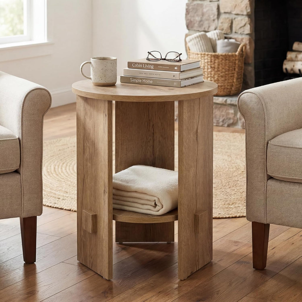 Round End Table with 2-Tier Storage, 15.5” Small Side Table for Living Room, Modern Nightstand with Open Shelf, Compact Accent Table for Bedroom, Sofa Side, Small Spaces (Natural)