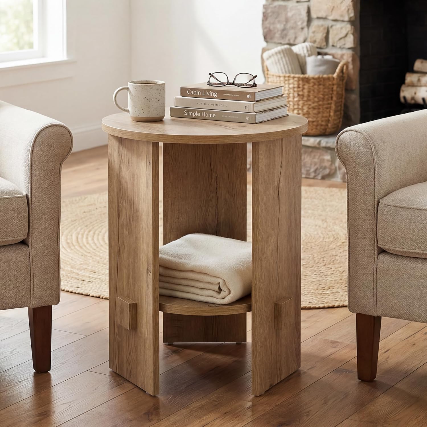 Round End Table with 2-Tier Storage, 15.5” Small Side Table for Living Room, Modern Nightstand with Open Shelf, Compact Accent Table for Bedroom, Sofa Side, Small Spaces (Natural)