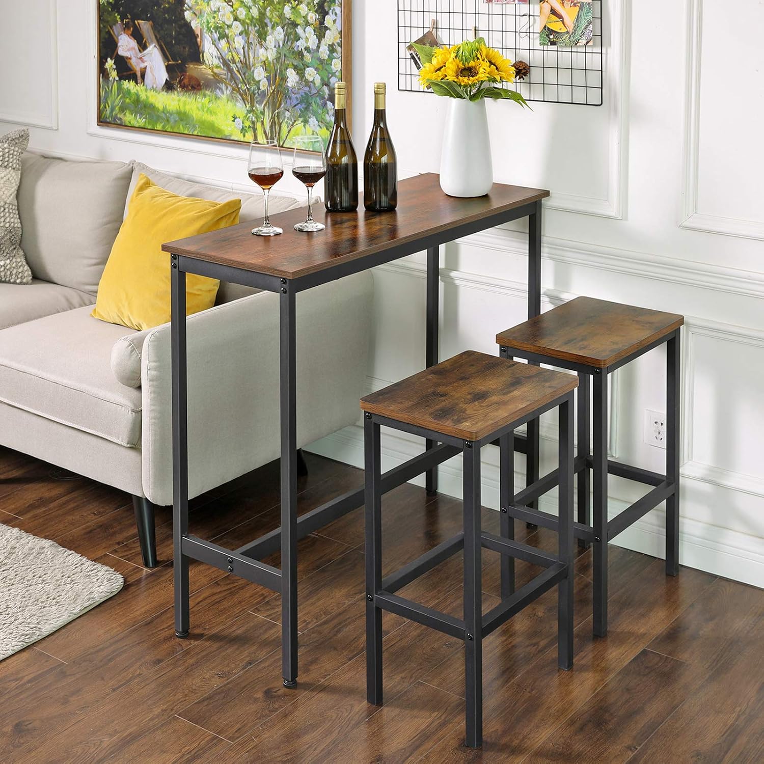 VASAGLE Bar Table, Kitchen Dining Table, High Top Pub Table, Bar Height Cocktail Table for Living Room Party, Sturdy Metal, 15.7 x 39.4 x 35.4 Inches for Narrow Spaces, Rustic Brown and Ink Black