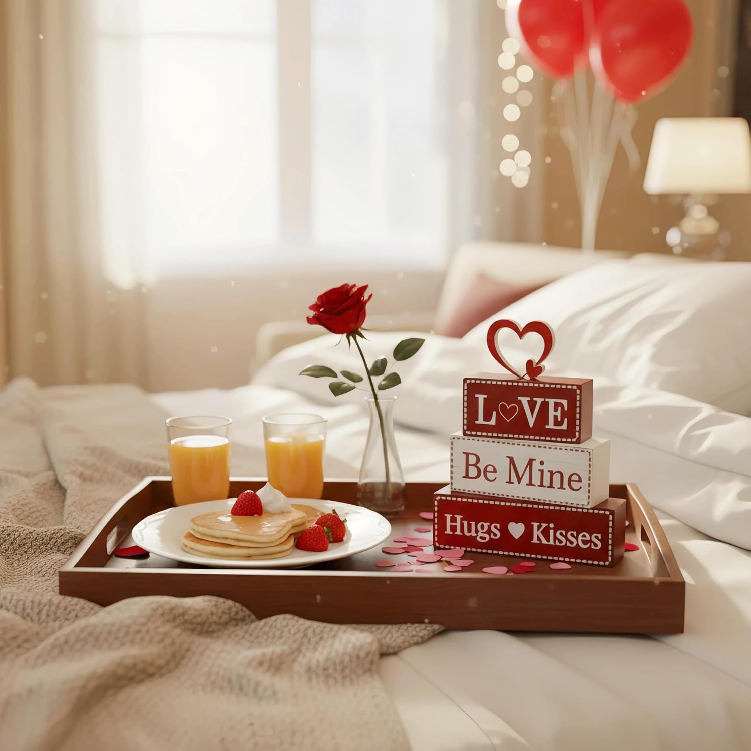 4 Pcs Valentine's Day Decorations, Wooden Valentines Decor for Home Table with Stacked Blocks & Heart Accent, Galentines Day Deco for Tiered Tray Farmhouse Shelf Mantle Home Office