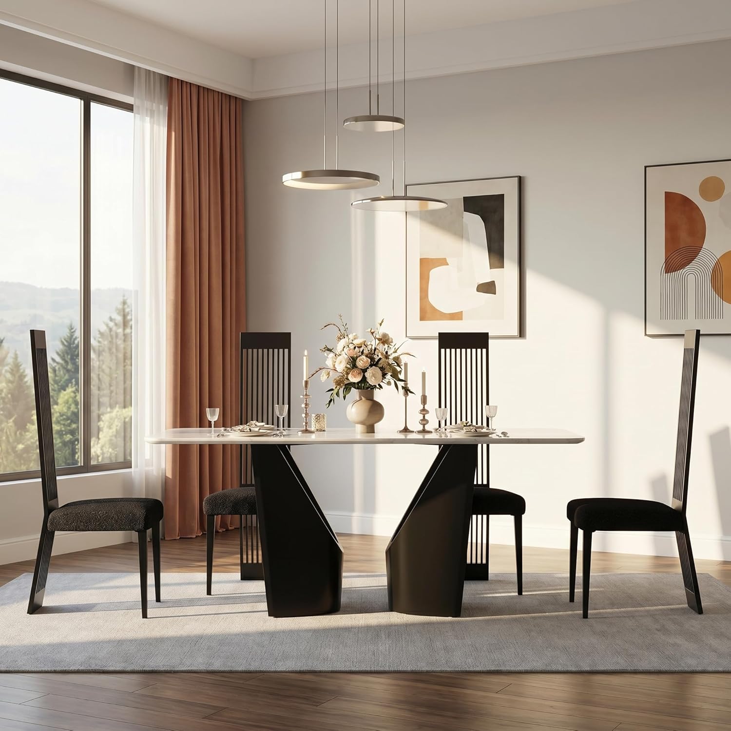 Black Dining Chair Set of 2, Modern Boucle High Back Upholstered Kitchen Chairs with Black Metal Legs for Dining Room Kitchen Living Room