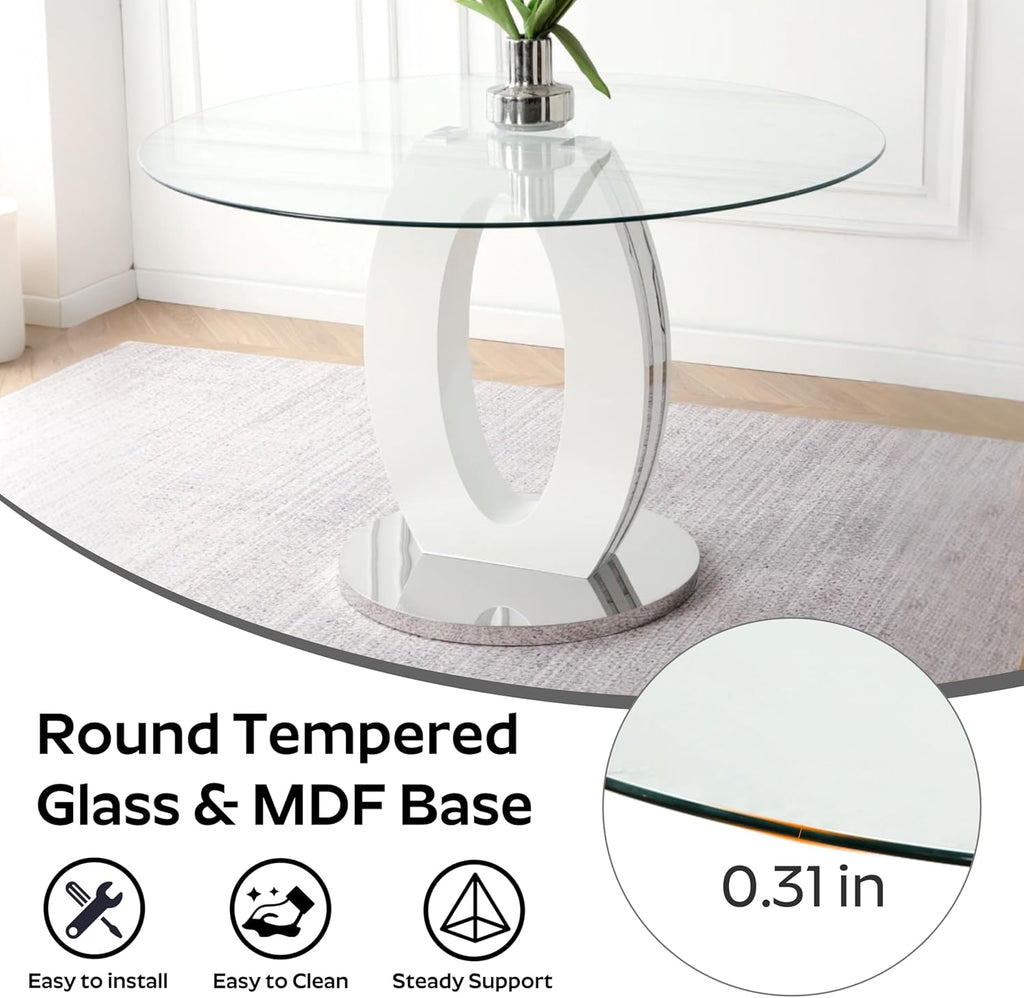 RGZ 39'' Modern Luxury Clear Glass Round Dining Table for 4-6, Glass Circle Top Kitchen Table with Elegant Silver Decorative Strips & White Silver Base, Dinner Table for Home, Living Room, Apartment