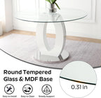 RGZ 39'' Modern Luxury Clear Glass Round Dining Table for 4-6, Glass Circle Top Kitchen Table with Elegant Silver Decorative Strips & White Silver Base, Dinner Table for Home, Living Room, Apartment