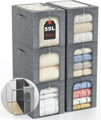 GoMaihe Blanket Storage Bins with Metal Frame, 6-Pack Large Closet Storage Bins with Lid & Clear Window, Comforter Bedding Storage Organizer for Walk-in Closet Cationic Fabric 55L