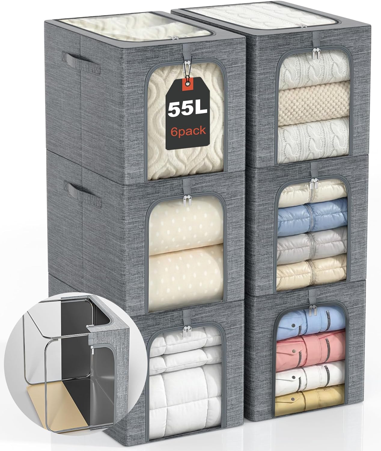 GoMaihe Blanket Storage Bins with Metal Frame, 6-Pack Large Closet Storage Bins with Lid & Clear Window, Comforter Bedding Storage Organizer for Walk-in Closet Cationic Fabric 55L