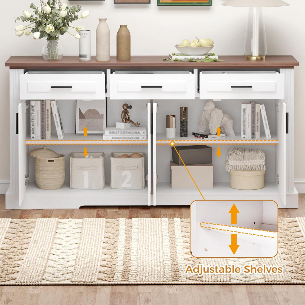 63" Fluted Sideboard Buffet with 4 Doors & 3 Drawers, Large Modern Farmhouse Accent Credenza with Adjustable Shelves for Kitchen, Dining Room, Living Room (White)