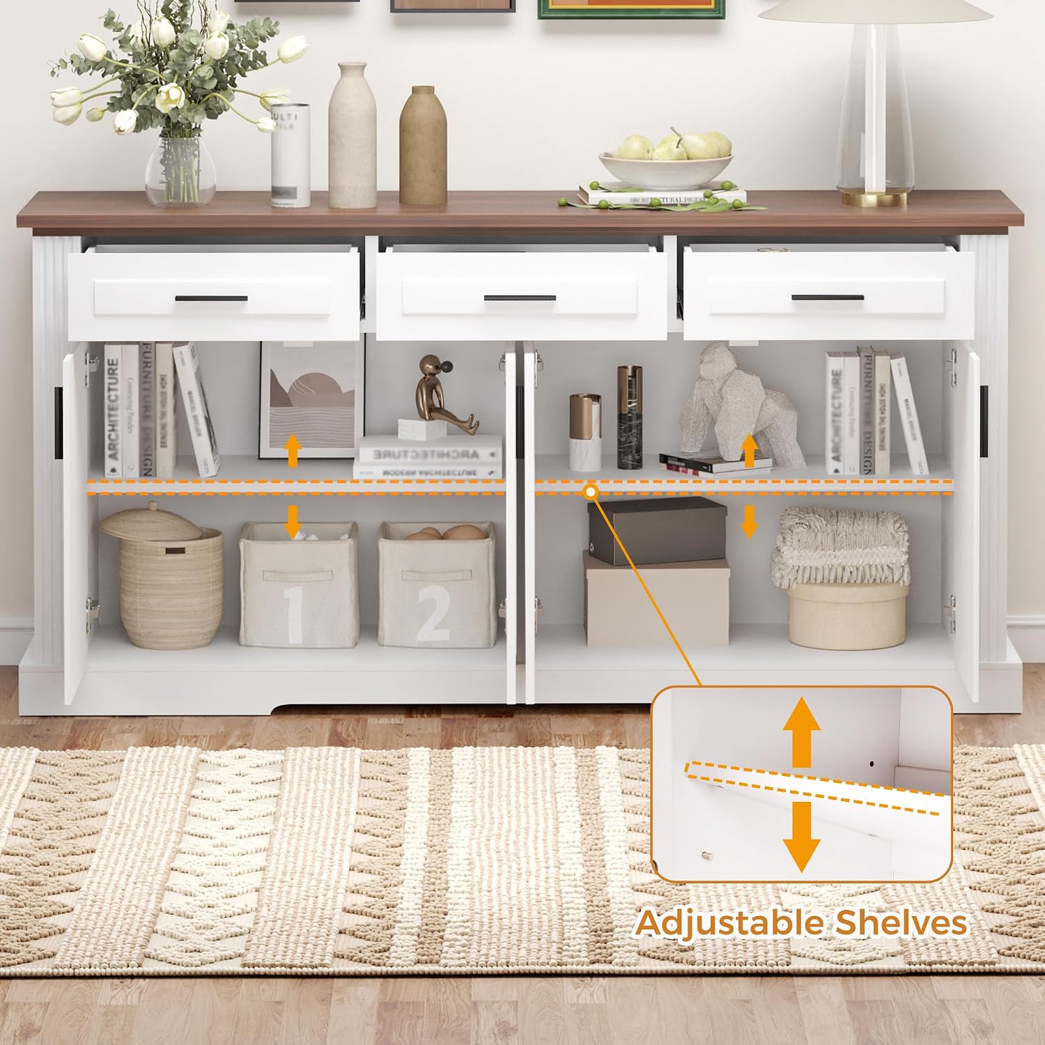 63" Fluted Sideboard Buffet with 4 Doors & 3 Drawers, Large Modern Farmhouse Accent Credenza with Adjustable Shelves for Kitchen, Dining Room, Living Room (White)