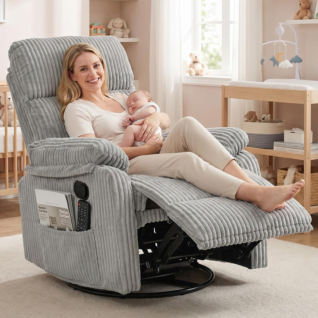 Manual Small Recliner Rocking Chair for Nursery/Relaxation, Corduroy Swivel Glider Recliner for Living Room Bedroom, Grey Rocking Chair Nursery Recliners for Small Spaces, Side Pockets (Grey)