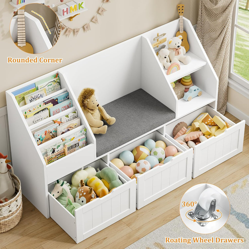 FOTOSOK 55.1’’ Kids Bookshelf with Reading Nook, Toy Storage Organizer with Seat Cushion and 3 Movable Drawers, Kids Reading Nook Toy Organizers and Storage with Bench for Playroom, Bedroom, White