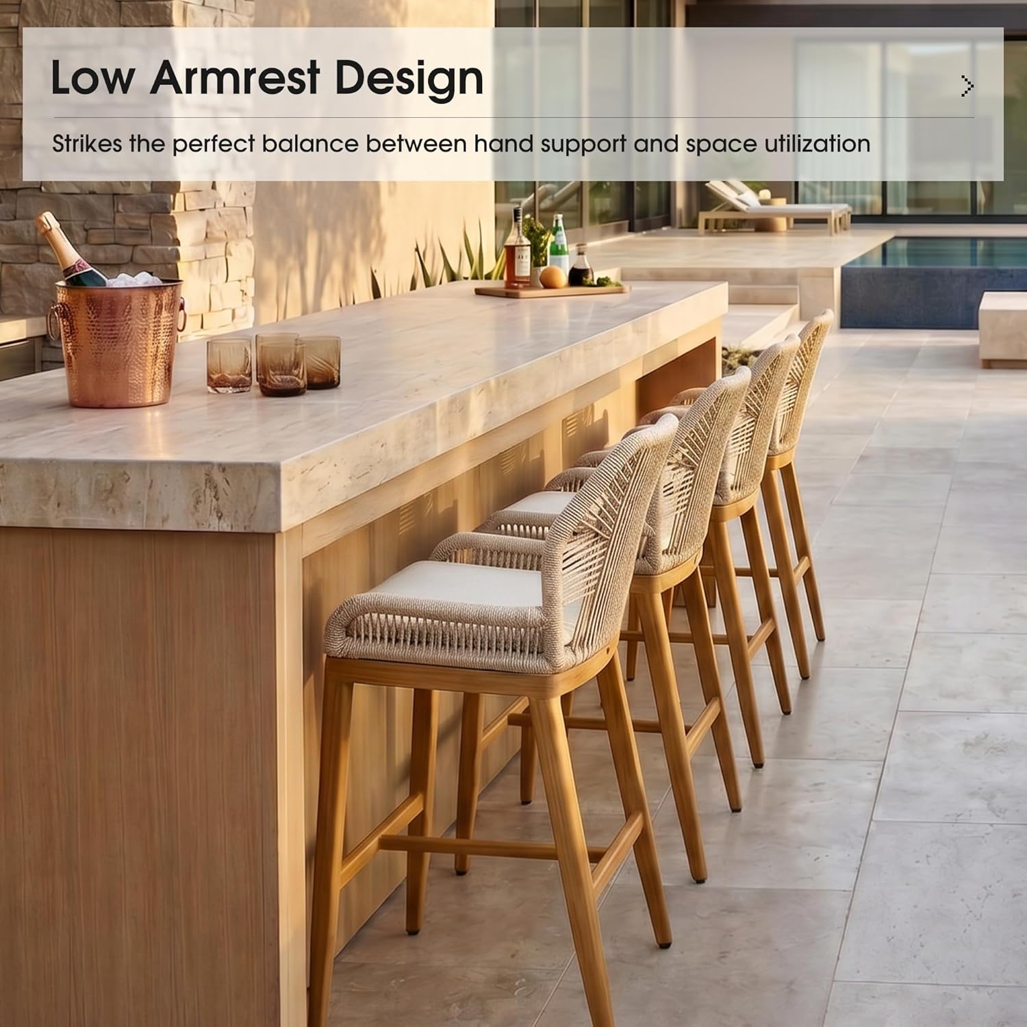 PURPLE LEAF Patio Bar Stool Counter Height Stools Set of 2 Outdoor Rattan Chairs with Back Modern Aluminum Woven Barstools for Garden Patio Kitchen Indoor Teak
