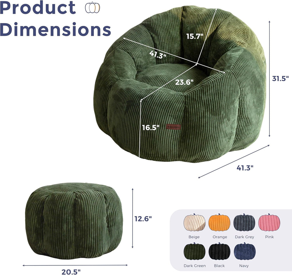 MAXYOYO Giant Bean Bag Chair with Ottoman, Pumpkin-Shaped Bean Bag Sofa with Footstool, Oversized Boneless Couch Chair in a Box, Comfy and Lazy Lounge for Dorm, Living Room, Bedroom, Green
