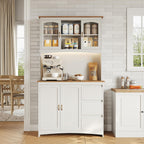 Garvee 71" Kitchen Pantry Cabinet with LED Lights & Charging Station, Farmhouse Kitchen Hutch Storage Cabinet with Countertop, 3 Drawers, 4 Doors, Adjustable Shelves for Dining Room, White