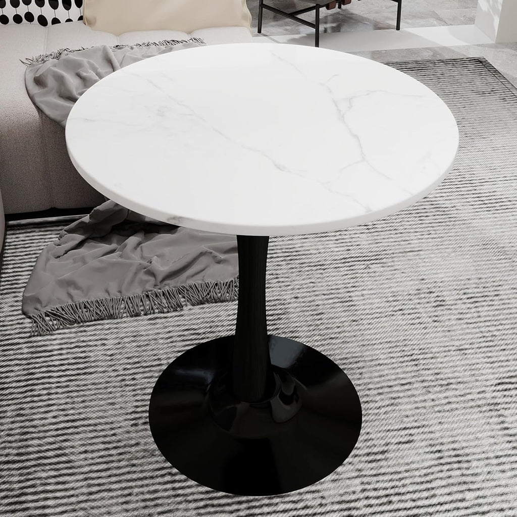 27.5" Round Side Table - White Marble Top with Tapered Pedestal Base, Modern Minimalist End Table for Living Room, Coffee Table with Sturdy Design, Easy to Clean,Black Base