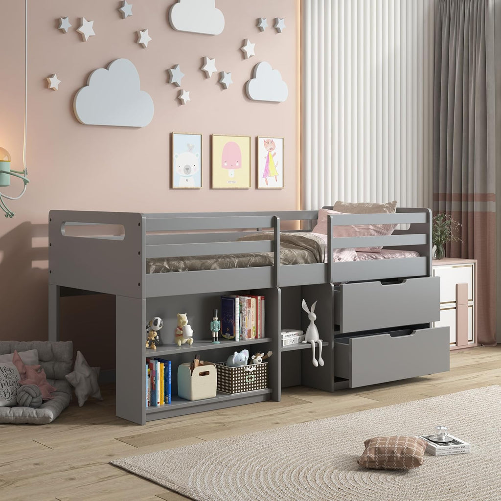 Grey Twin Loft Bed with Built in Drawers and Bookshelf