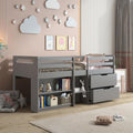 Grey Twin Loft Bed with Built in Drawers and Bookshelf