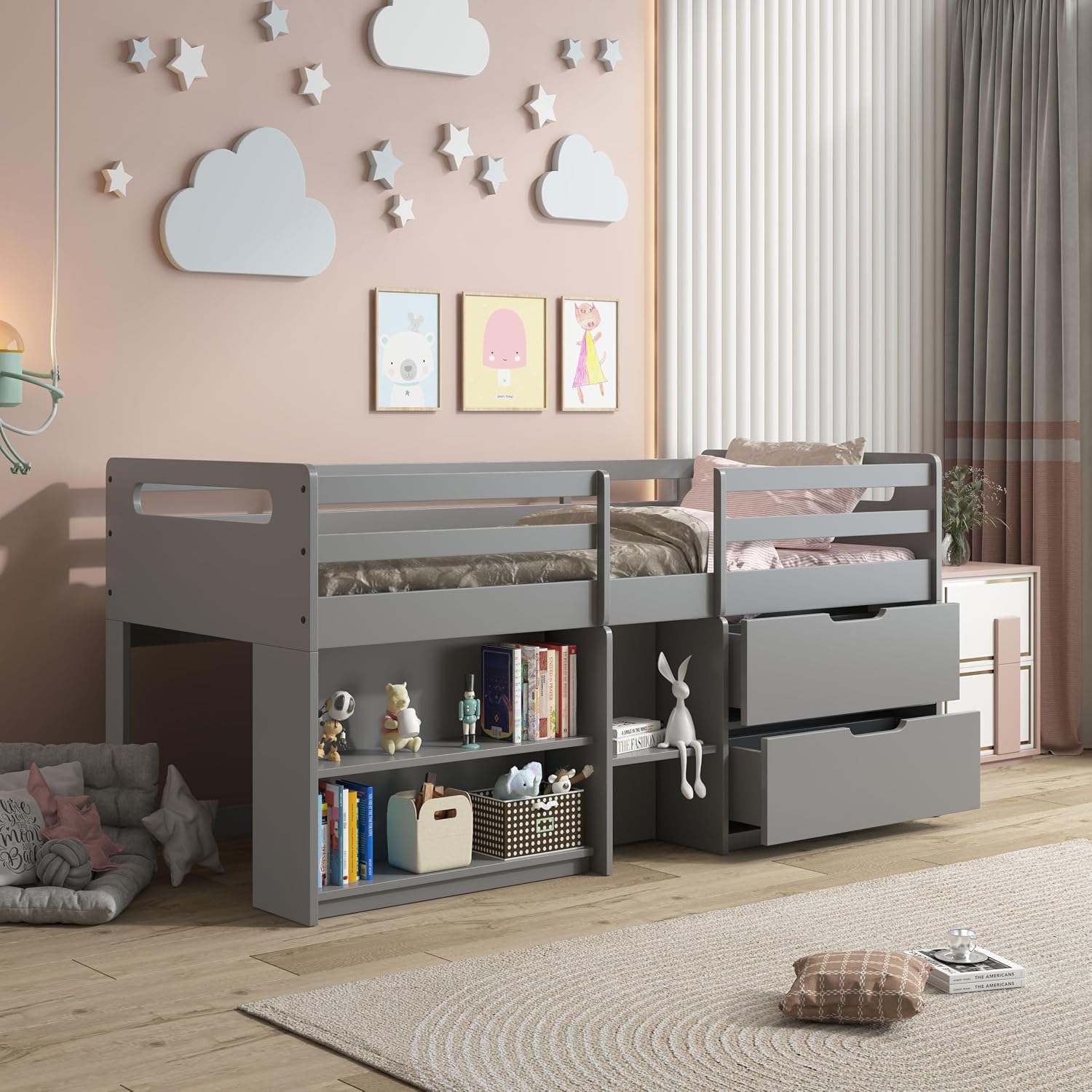 Grey Twin Loft Bed with Built in Drawers and Bookshelf
