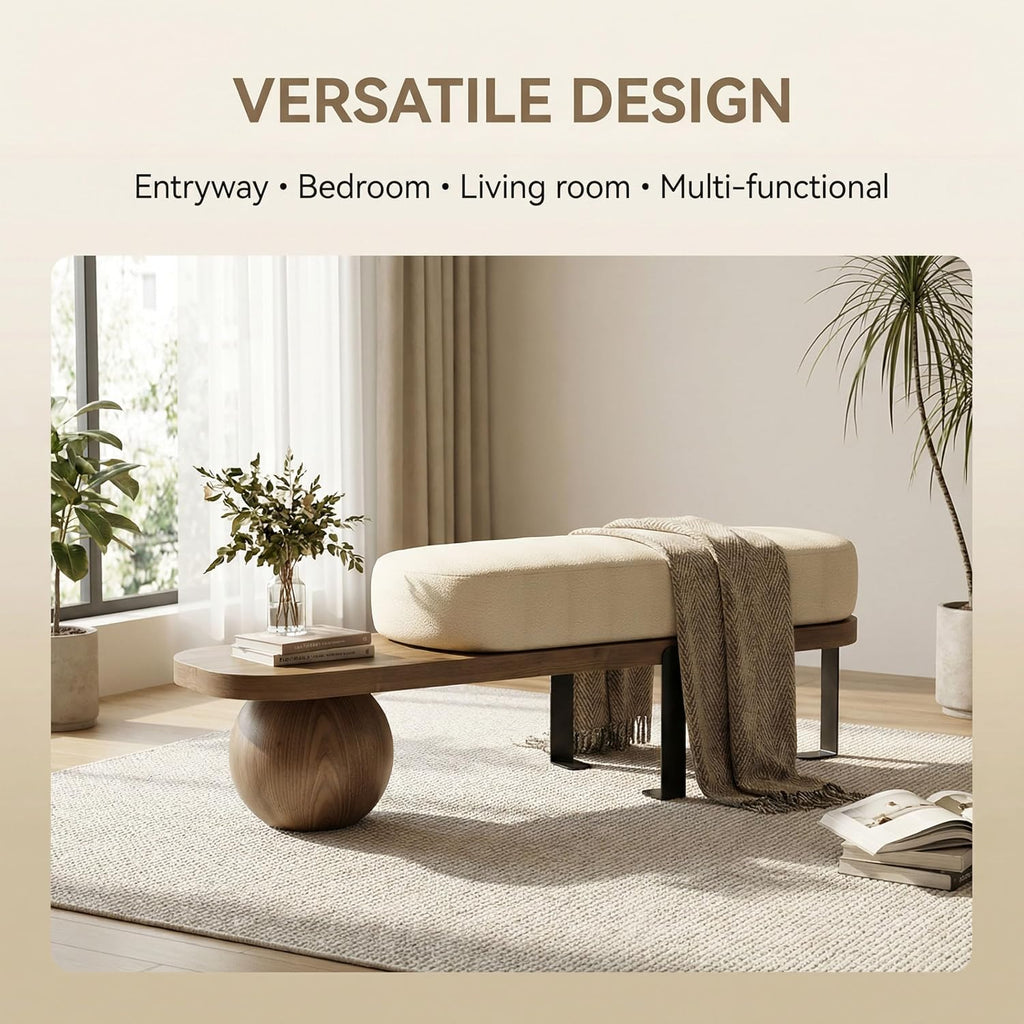 Modern Entryway Bench with Cushion, Wooden Boucle Upholstered with Abstract Metal Leg, Lambswool Cushioned Seating, for Entryway Livingroom Bedroom (Walnut, 140cm/55.1")
