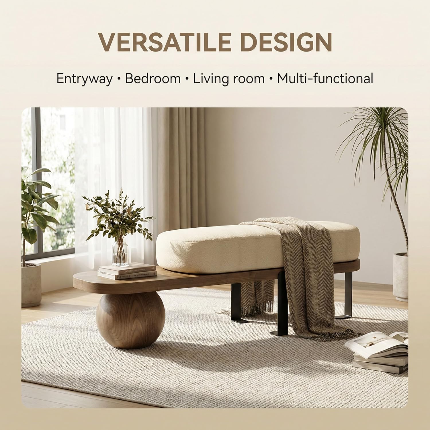 Modern Entryway Bench with Cushion, Wooden Boucle Upholstered with Abstract Metal Leg, Lambswool Cushioned Seating, for Entryway Livingroom Bedroom (Walnut, 140cm/55.1")