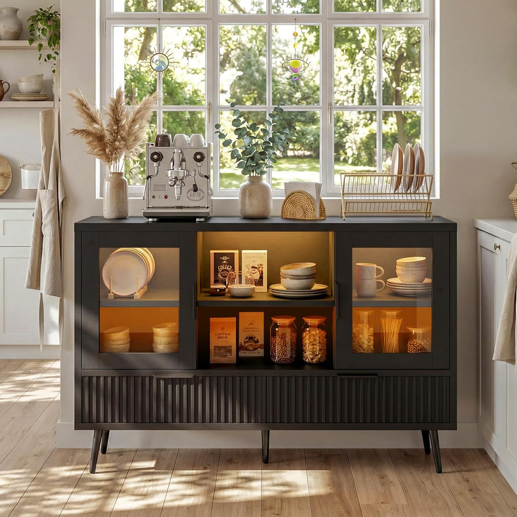 44" Sideboard Buffet Cabinet with Storage, Smart LED Lights Coffee Bar Cabinet with 8 Drawers & Adjustable Shelves, Modern Kitchen Storage Credenza Console Table for Living Room, Black