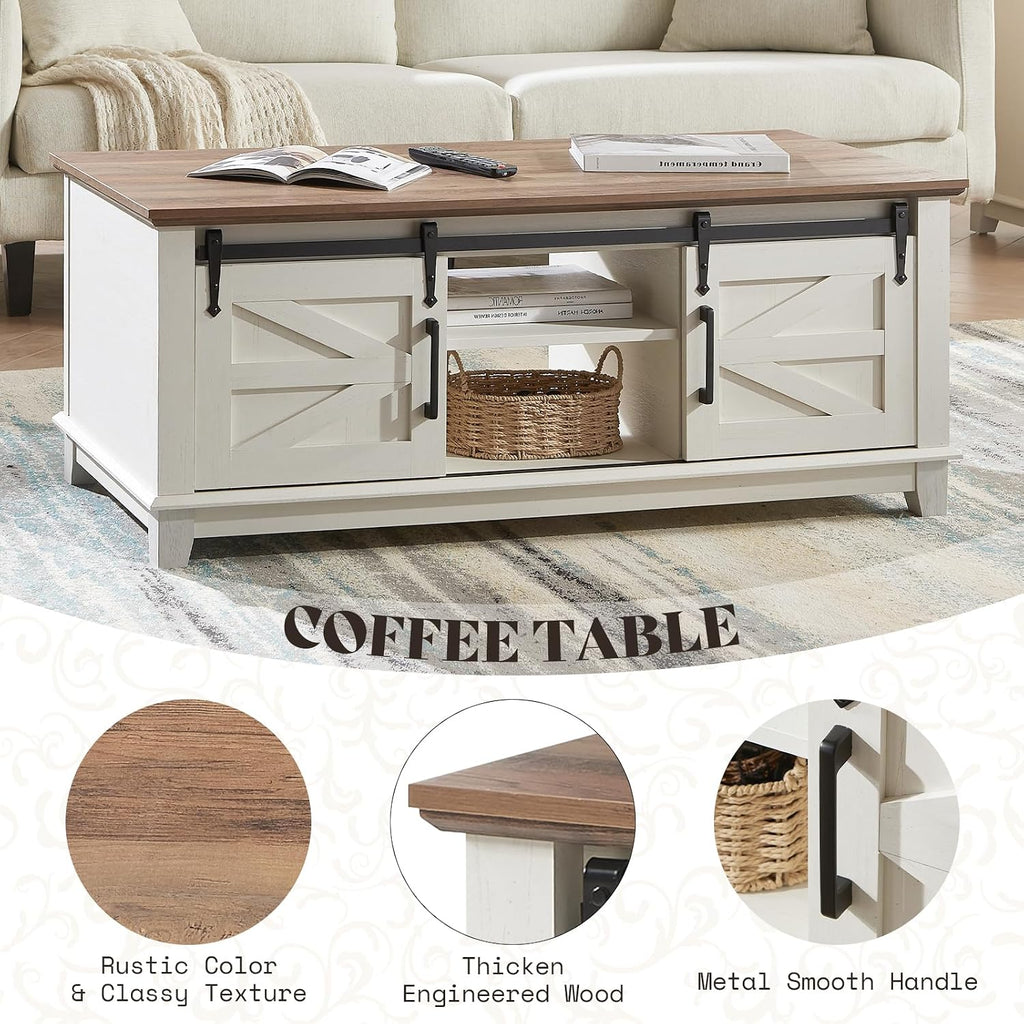 AMERLIFE 3-Piece Farmhouse Living Room Table Set - Coffee Table with Sliding Barn Doors & End Table Set of 2 with Charging Station and Storage Drawers, Rustic White